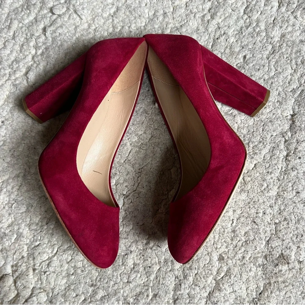 J.Crew: Classic Made In Italy Red Suede Rounded Toe Block High Heels Size 9 - Picture 3 of 10